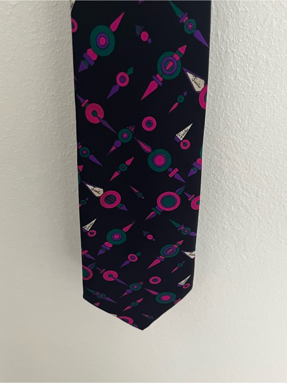 Emilio Pucci Black Silk Tie with Pink & Teal Geometric Motif